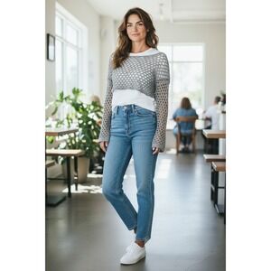 Romwe Womens Grey Open Knit Cropped Sweater Shrug Long Sleeve Viscose Size S